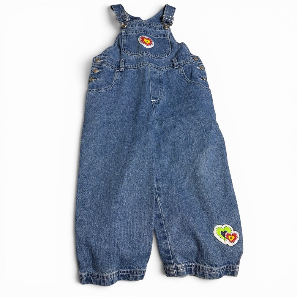 Vintage Gymboree Overalls Girls Hearts Size Medium Stitched Patches Dark‎ wash